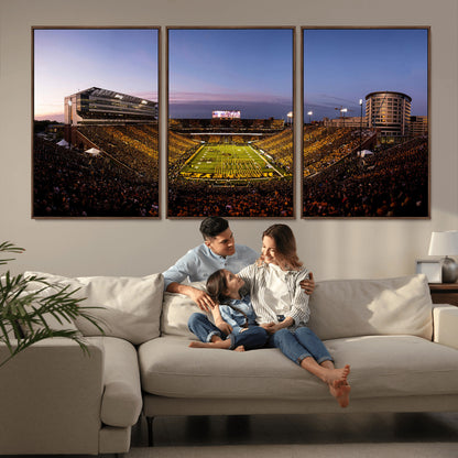 82557-MGV-CV-36X24-College Football Stadium Wall Art – Panoramic Sunset Canvas Print with Marching Band and Game Day Crowd, Sports Artwork for Man