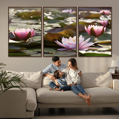 28394-MGV-CV-36X24-Water Lily Pond Wall Art – Pink Lotus Flowers Canvas Print with Green Lily Pads, Peaceful Botanical Artwork for Living Room,