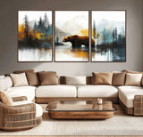 50308-MGV-CV-36X24-Abstract Rustic Bear Wall Art – Forest and Mountain Scene Canvas Print, Nature Artwork for Modern Farmhouse or Log Cabin Decor