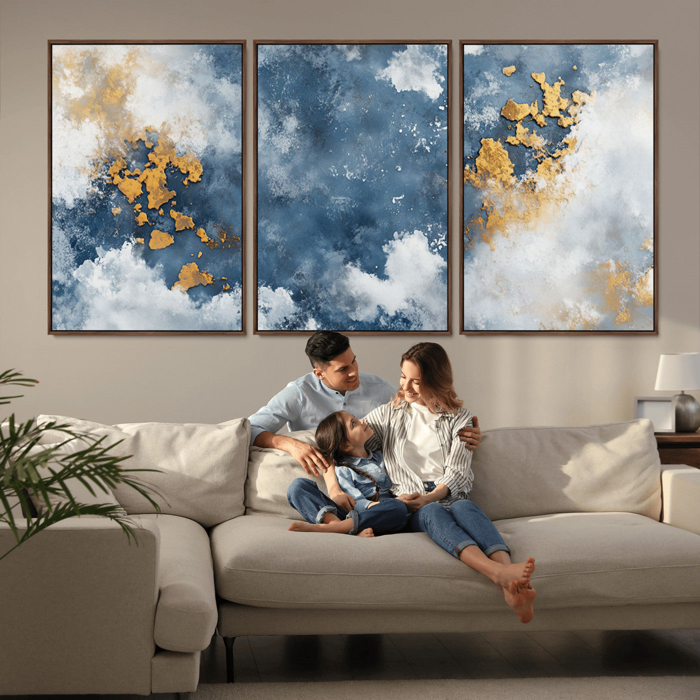 39575-MGV-CV-36X24-Blue and Gold Abstract Wall Art – Modern Canvas Print Featuring Cloudy Textures with Metallic Accents, Contemporary Artwork for