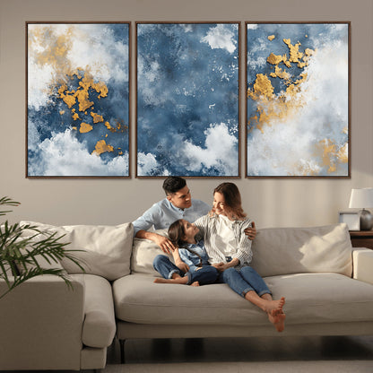 39575-MGV-CV-36X24-Blue and Gold Abstract Wall Art – Modern Canvas Print Featuring Cloudy Textures with Metallic Accents, Contemporary Artwork for