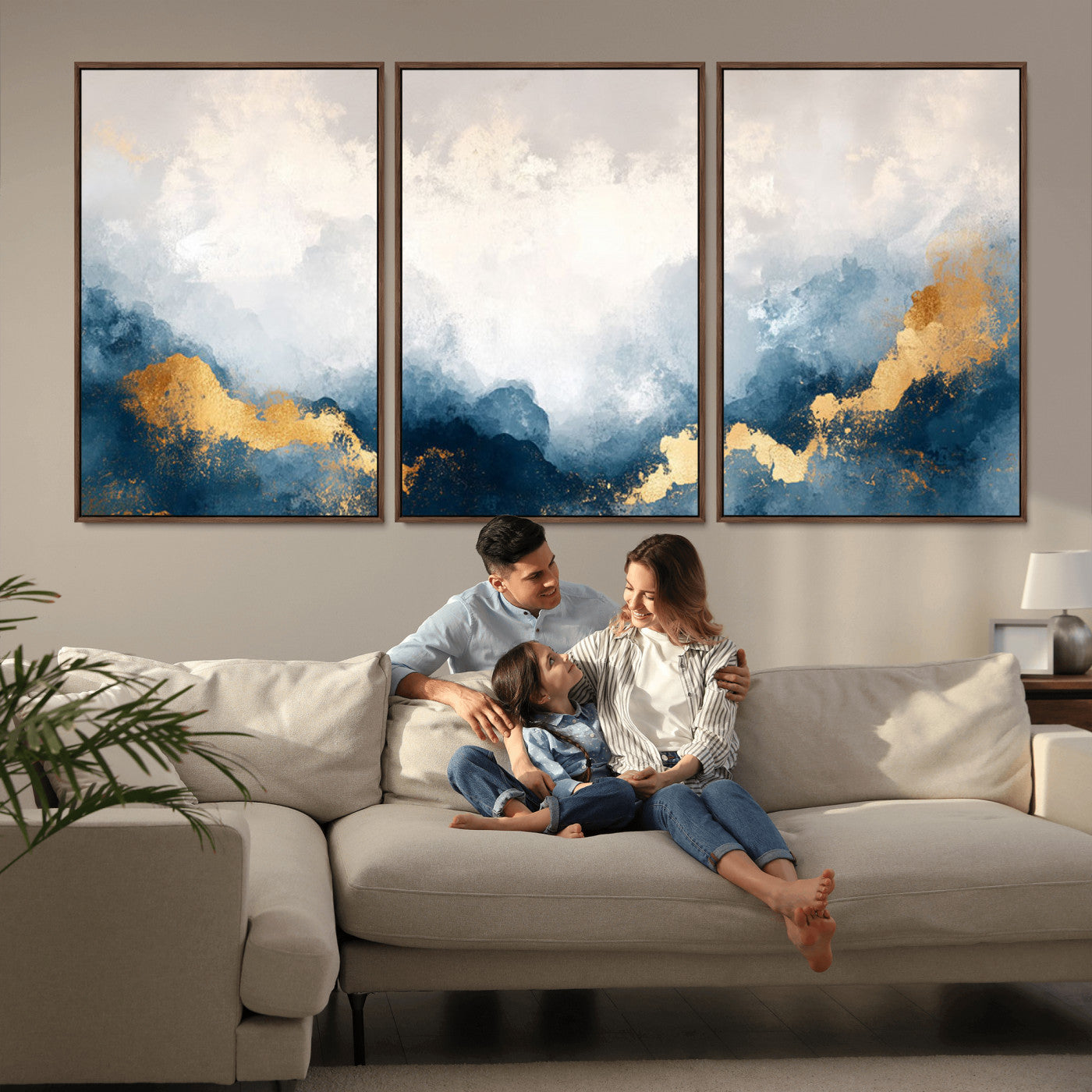 14578-MGV-CV-36X24-Abstract Wall Art – Modern Canvas Print Featuring Blue and White Clouds with Golden Accents, Contemporary Elegant Artwork for
