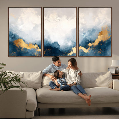 14578-MGV-CV-36X24-Abstract Wall Art – Modern Canvas Print Featuring Blue and White Clouds with Golden Accents, Contemporary Elegant Artwork for
