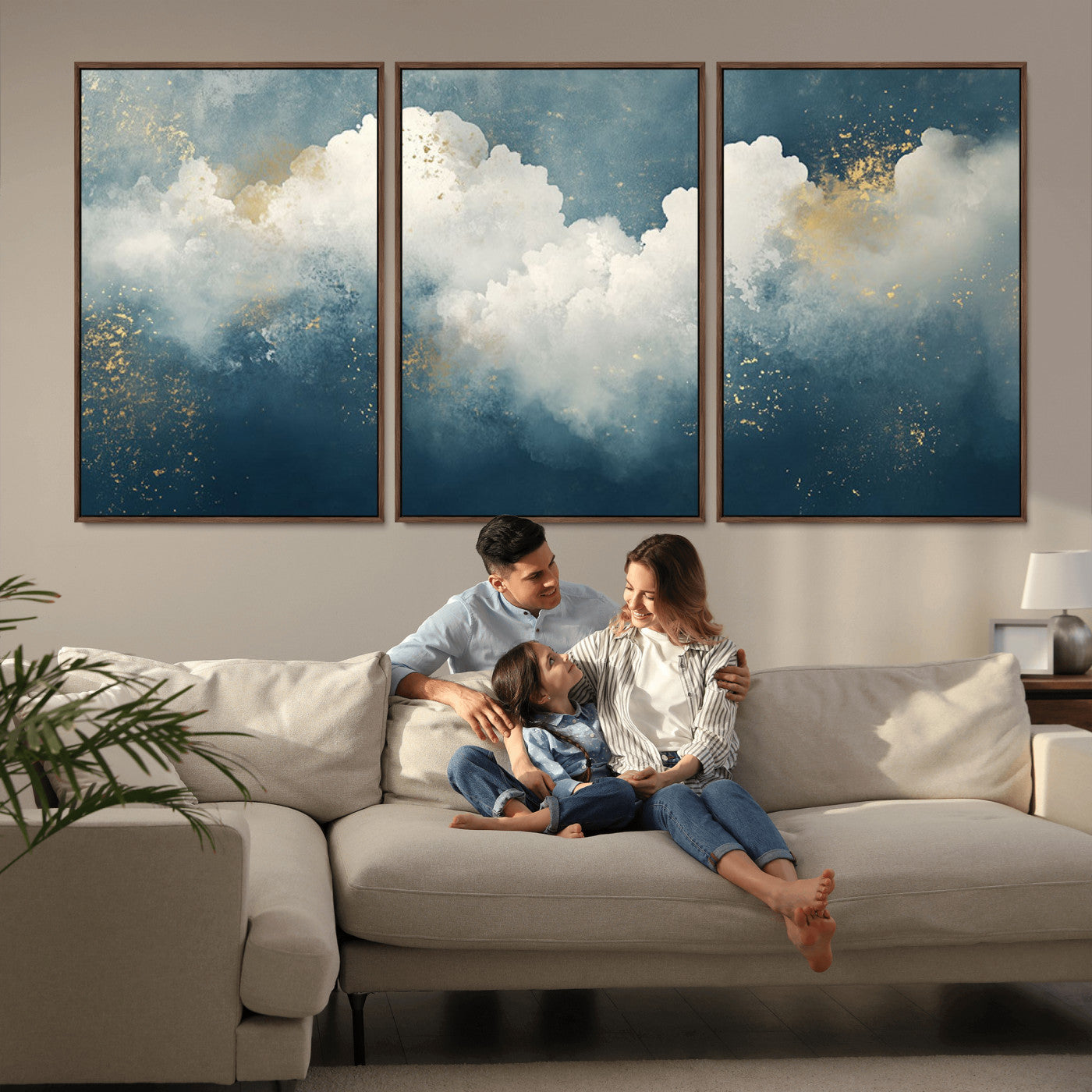 75131-MGV-CV-36X24-Abstract Cloud Wall Art – Modern Canvas Print Featuring Blue and White Clouds with Golden Accents, Contemporary Artwork for Living