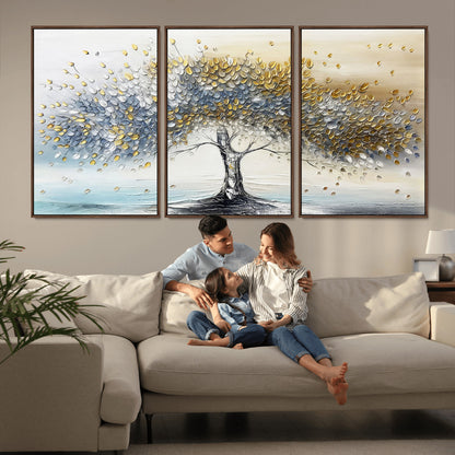 24771-MGV-CV-36X24-Silver Tree Wall Art Canvas Print, Framed Golden Leaves Art Picture Print, Metallic Tree Perfect Minimalist Luxury Decor Artwork