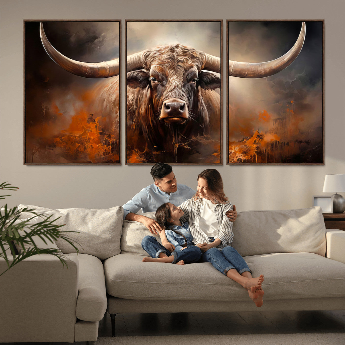 240479-MGV-CV-36X24-Longhorn Bull Wall Art – Dramatic Western Canvas Print Featuring Horned Bull with Fiery Background, Rustic Farmhouse Artwork for