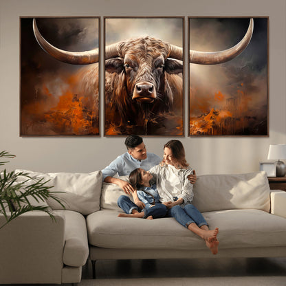 240479-MGV-CV-36X24-Longhorn Bull Wall Art – Dramatic Western Canvas Print Featuring Horned Bull with Fiery Background, Rustic Farmhouse Artwork for