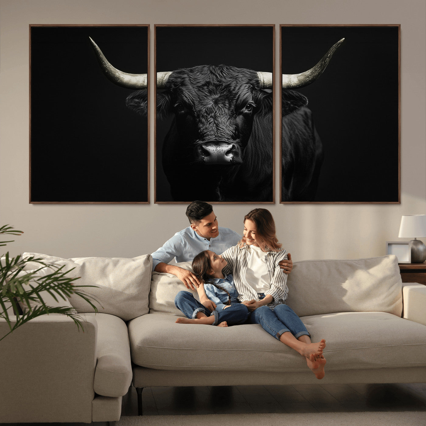 97914921-MGV-CV-36X24-Black Bull Wall Art Canvas Print, Framed Longhorn Bull Art Picture Print, Western Bull Perfect Monochrome Western Decor Artwork