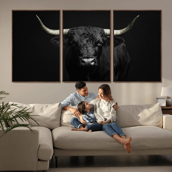 97914921-MGV-CV-36X24-Black Bull Wall Art Canvas Print, Framed Longhorn Bull Art Picture Print, Western Bull Perfect Monochrome Western Decor Artwork