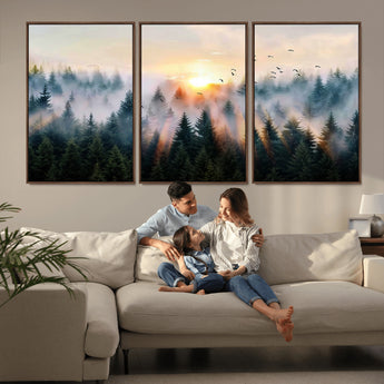 56391411-MGV-CV-36X24-Misty Forest Wall Art Canvas Print, Framed Sunrise Pines Art Picture Print, Moody Pines Perfect Serene Woodland Decor Artwork