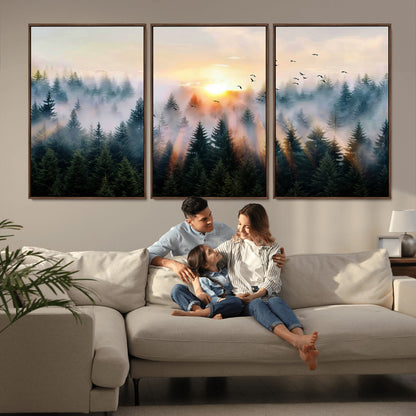 56391411-MGV-CV-36X24-Misty Forest Wall Art Canvas Print, Framed Sunrise Pines Art Picture Print, Moody Pines Perfect Serene Woodland Decor Artwork