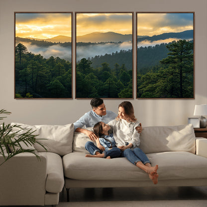 68082278-MGV-CV-36X24-Mountain Sunrise Wall Art Canvas Print, Framed Pine Forest Art Picture Print, Misty Mountains Perfect Earthy Woodland Decor