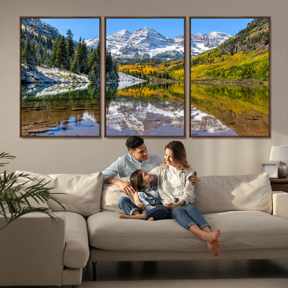 87724099-MGV-CV-36X24-Maroon Bells Wall Art Canvas Print, Framed Snowy Mountains Art Picture Print, Pine Forest Perfect Vibrant Alpine Decor Artwork