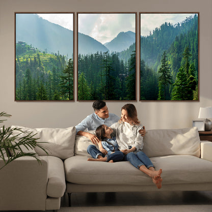 83417191-MGV-CV-36X24-Misty Mountain Forest Wall Art – Pine Tree Landscape Canvas Print, Nature Photography Panorama, Tranquil Green Forest Décor for