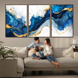 33506371-MGV-CV-36X24-Blue Marble Wall Art Canvas Print, Framed Gold Splash Art Picture Print, Abstract Wave Perfect Modern Luxe Decor Artwork