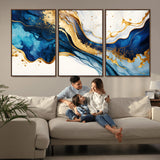 60283636-MGV-FC-60X30-3P_Walnut-Blue Gold Flow Wall Art Canvas Print, Framed Marble Texture Art Picture Print, Elegant Splash Perfect Elegant Abstract Decor