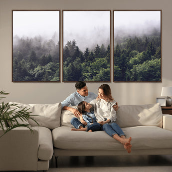 62890402-MGV-CV-36X24-Misty Forest Wall Art Canvas Print, Framed Foggy Pines Art Picture Print, Pine Valley Perfect Moody Woodland Decor Artwork