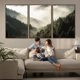 57570237-MGV-CV-36X24-Misty Valley Wall Art Canvas Print, Framed Foggy Forest Art Picture Print, Pine Trees Perfect Moody Woodland Decor Artwork