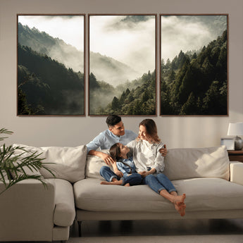 57570237-MGV-CV-36X24-Misty Valley Wall Art Canvas Print, Framed Foggy Forest Art Picture Print, Pine Trees Perfect Moody Woodland Decor Artwork