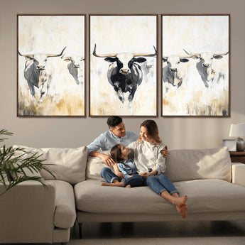 40397799-MGV-CV-36X24-Texas Longhorn Wall Art Canvas Print, Framed Rustic Herd Art Picture Print, Western Bull Perfect Neutral Western Decor Artwork