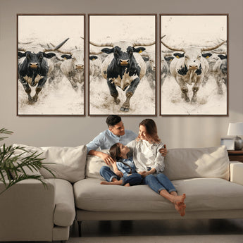 61538944-MGV-CV-36X24-Texas Longhorn Wall Art Canvas Print, Framed Cattles Walking Art Picture Print, Black White Bulls Perfect Rustic Western Decor