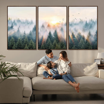 92718976-MGV-CV-36X24-Misty Forest Wall Art Canvas Print, Framed Sunrise Pines Art Picture Print, Foggy Woodland Perfect Moody Woodland Decor Artwork