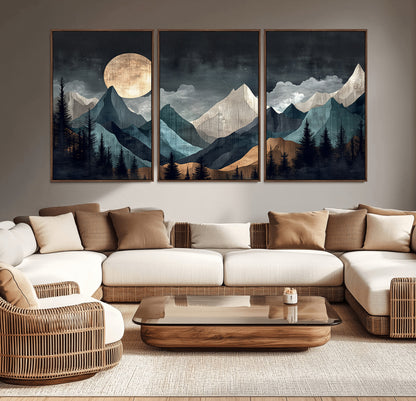 11060882-MGV-CV-36X24-Moonlit Mountains Wall Art Canvas Print, Framed Forest Silhouette Art Picture Print, Night Landscape Perfect Modern Forest Decor