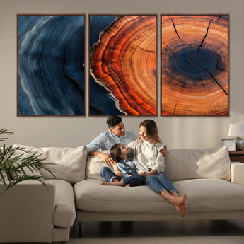57732250-MGV-CV-36X24-Tree Ring Abstract Wall Art – Blue Orange Wood Grain Canvas Print, Modern Rustic Nature Artwork for Living Room, Office,