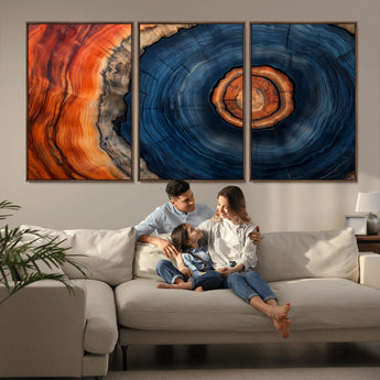 72209152-MGV-CV-36X24-Abstract Tree Ring Wall Art – Vibrant Blue Orange Wood Grain Canvas Print, Rustic Modern Nature Artwork for Living Room, Office,