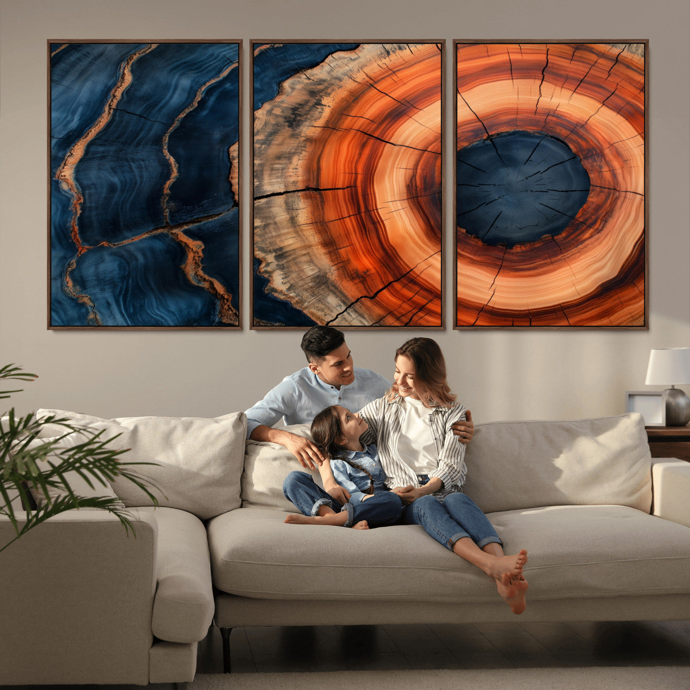 41123192-MGV-CV-36X24-Tree Ring Canvas Wall Art – Abstract Blue Orange Wood Grain Print, Rustic Modern Nature Artwork for Living Room, Bedroom, Office