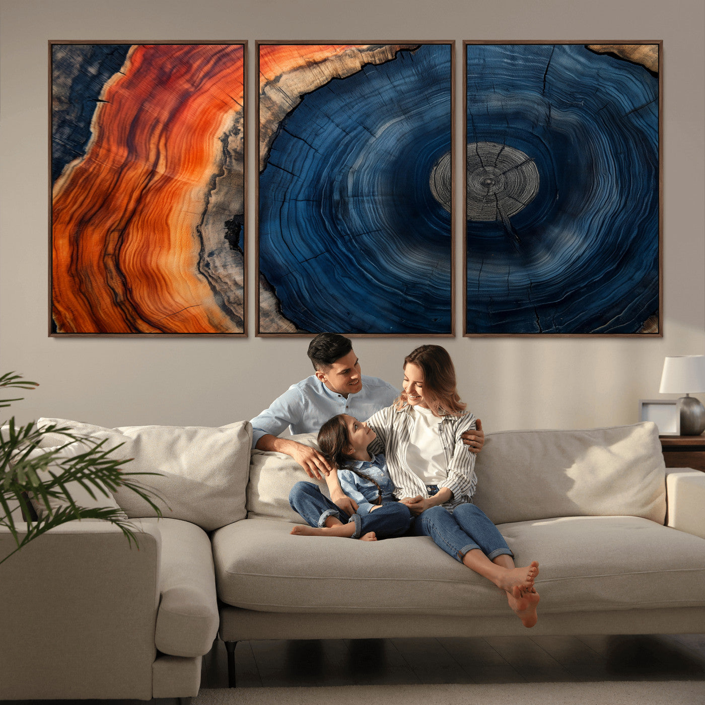 99491700-MGV-CV-36X24-Tree Ring Canvas Wall Art – Blue Orange Abstract Wood Grain Print, Rustic Modern Nature Artwork for Living Room, Office, Bedroom