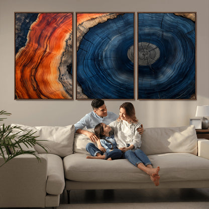 99491700-MGV-CV-36X24-Tree Ring Canvas Wall Art – Blue Orange Abstract Wood Grain Print, Rustic Modern Nature Artwork for Living Room, Office, Bedroom
