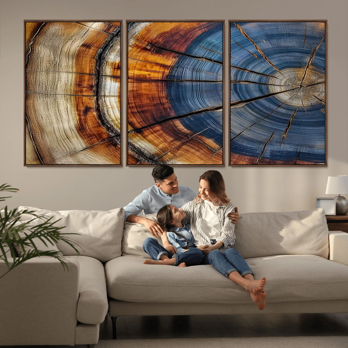 18032999-MGV-CV-36X24-Tree Ring Wall Art – Blue Brown Abstract Wood Slice Canvas Print, Rustic Modern Nature Decor for Living Room, Office, Bedroom or