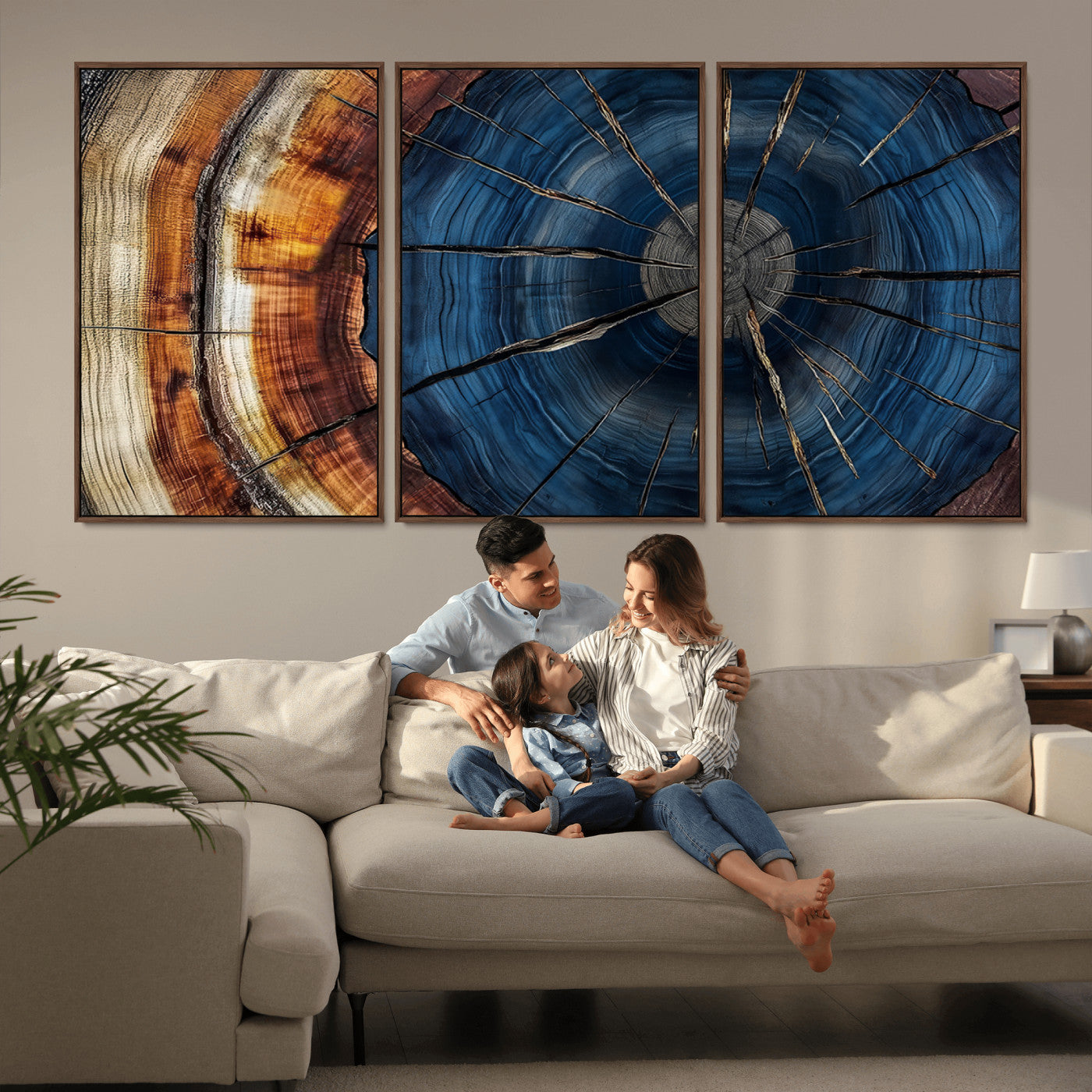 60099360-MGV-CV-36X24-Blue Tree Ring Wall Art – Rustic Wood Grain Canvas Print, Modern Abstract Artwork with Natural Texture for Living Room, Bedroom,