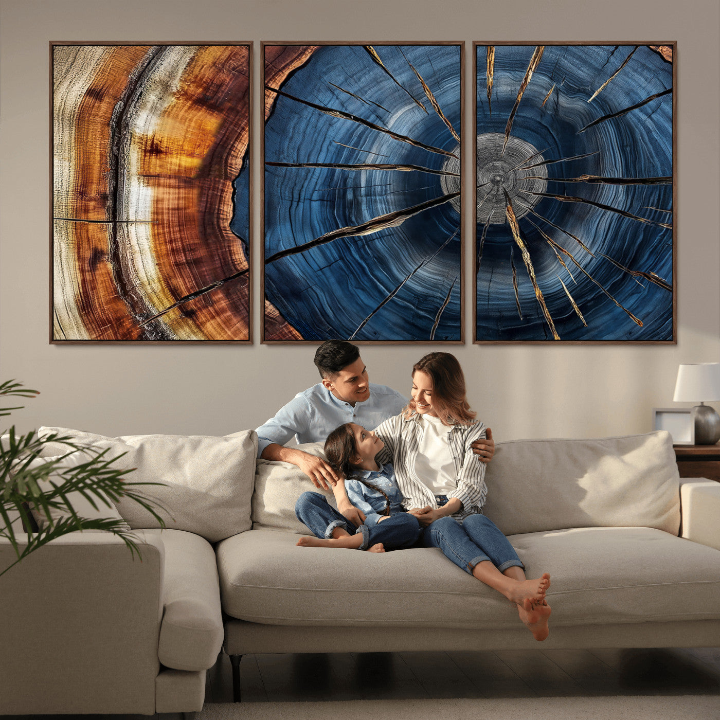 45268471-MGV-CV-36X24-Blue Tree Ring Wall Art – Rustic Wood Cross Section Canvas Print, Modern Abstract Nature Decor for Living Room, Office, or Cabin