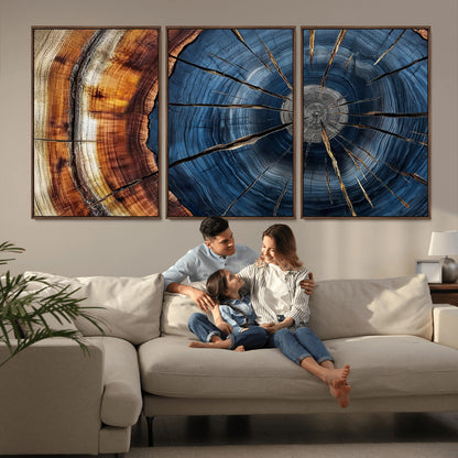 45268471-MGV-CV-36X24-Blue Tree Ring Wall Art – Rustic Wood Cross Section Canvas Print, Modern Abstract Nature Decor for Living Room, Office, or Cabin