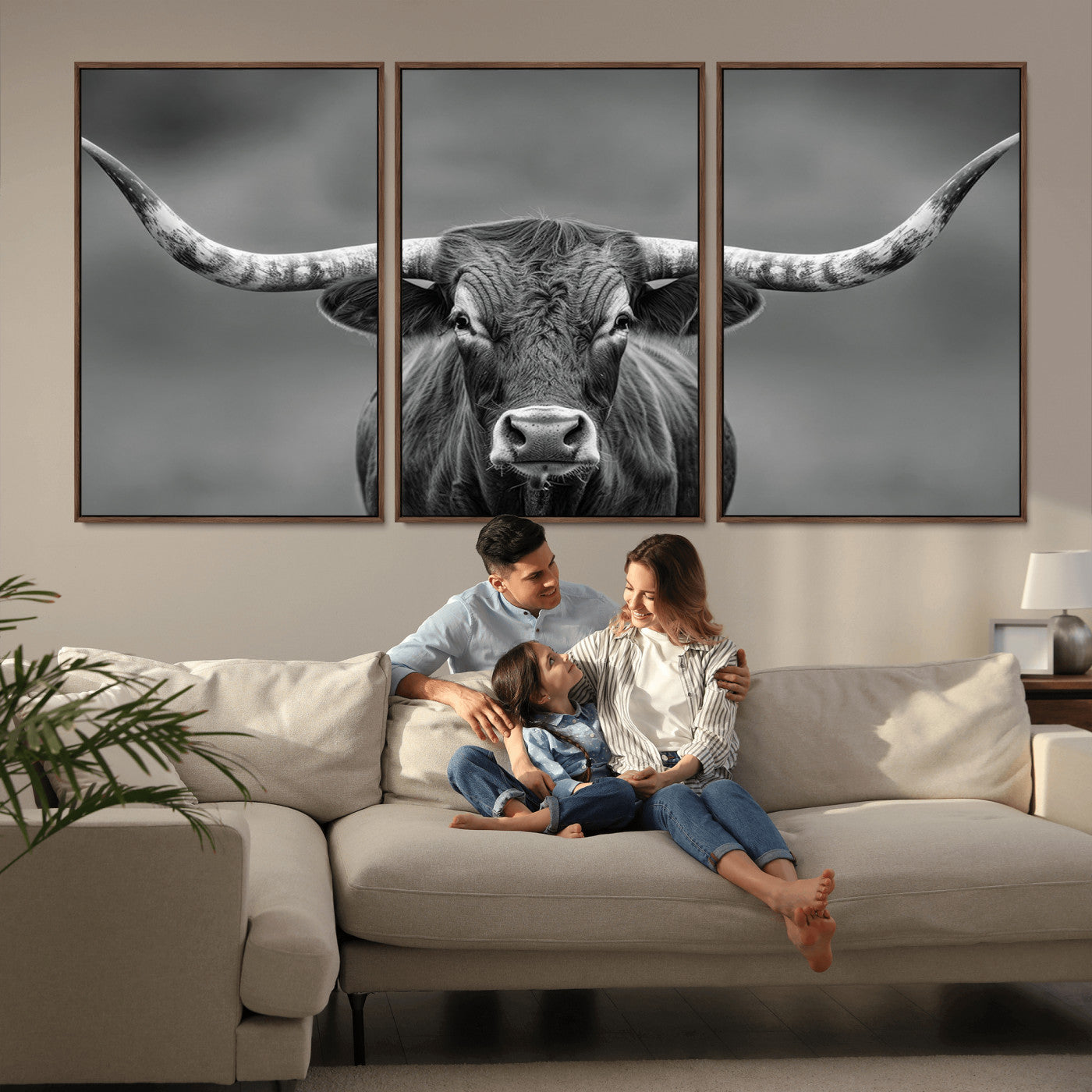 81228550-MGV-FC-60X30-3P_Walnut-Framed Texas Longhorn Bull Art Canvas Print, Western Bull Wall Art Print, Long Horn Bull Photo Print for Log Cabin, Large Bull