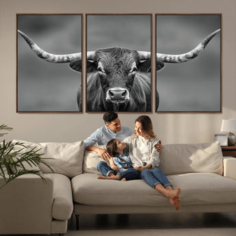 81228550-MGV-FC-60X30-3P_Walnut-Framed Texas Longhorn Bull Art Canvas Print, Western Bull Wall Art Print, Long Horn Bull Photo Print for Log Cabin, Large Bull