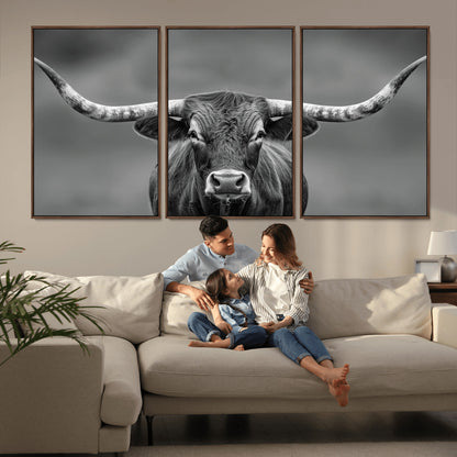 81228550-MGV-FC-60X30-3P_Walnut-Framed Texas Longhorn Bull Art Canvas Print, Western Bull Wall Art Print, Long Horn Bull Photo Print for Log Cabin, Large Bull
