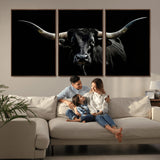 37531960-MGV-CV-36X24-Black Longhorn Bull Wall Art – Dramatic Western Cattle Canvas Print, Rustic Farmhouse Animal Artwork for Living Room, Bedroom,