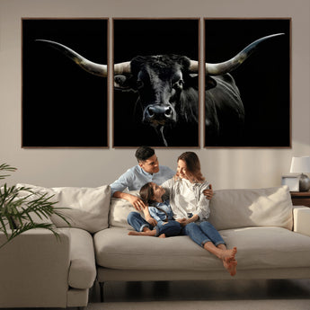 37531960-MGV-CV-36X24-Black Longhorn Bull Wall Art – Dramatic Western Cattle Canvas Print, Rustic Farmhouse Animal Artwork for Living Room, Bedroom,