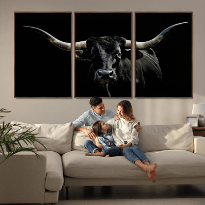 37531960-MGV-CV-36X24-Black Longhorn Bull Wall Art – Dramatic Western Cattle Canvas Print, Rustic Farmhouse Animal Artwork for Living Room, Bedroom,
