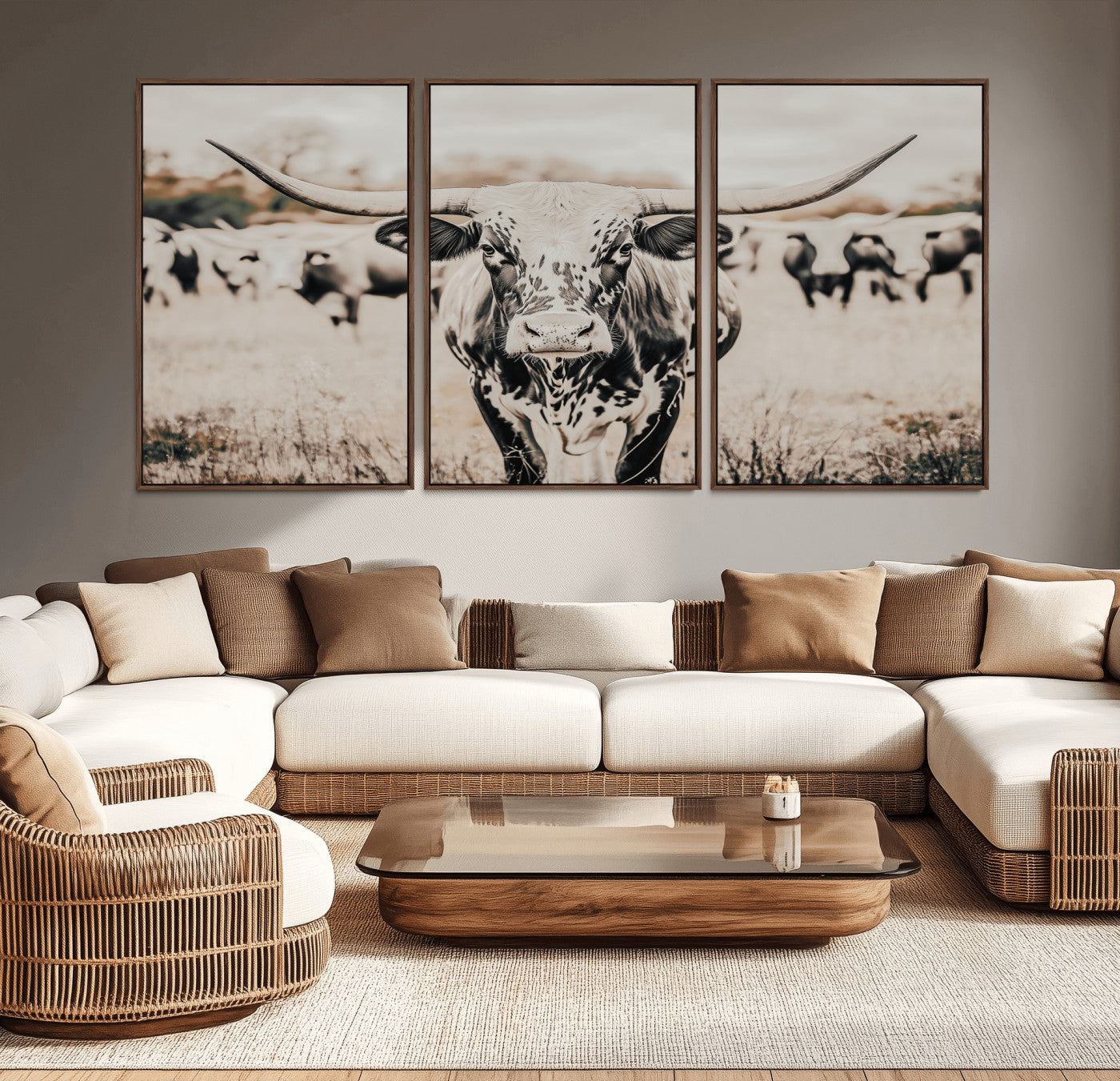 27497342-MGV-CV-36X24-Texas Longhorn Wall Art Canvas Print, Framed Speckled Cow Art Picture Print, Horned Cattle Perfect Rustic Western Decor Artwork