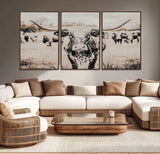27497342-MGV-CV-36X24-Texas Longhorn Wall Art Canvas Print, Framed Speckled Cow Art Picture Print, Horned Cattle Perfect Rustic Western Decor Artwork