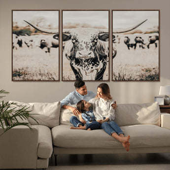 27497342-MGV-CV-36X24-Texas Longhorn Wall Art Canvas Print, Framed Speckled Cow Art Picture Print, Horned Cattle Perfect Rustic Western Decor Artwork