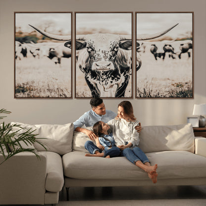 27497342-MGV-CV-36X24-Texas Longhorn Wall Art Canvas Print, Framed Speckled Cow Art Picture Print, Horned Cattle Perfect Rustic Western Decor Artwork