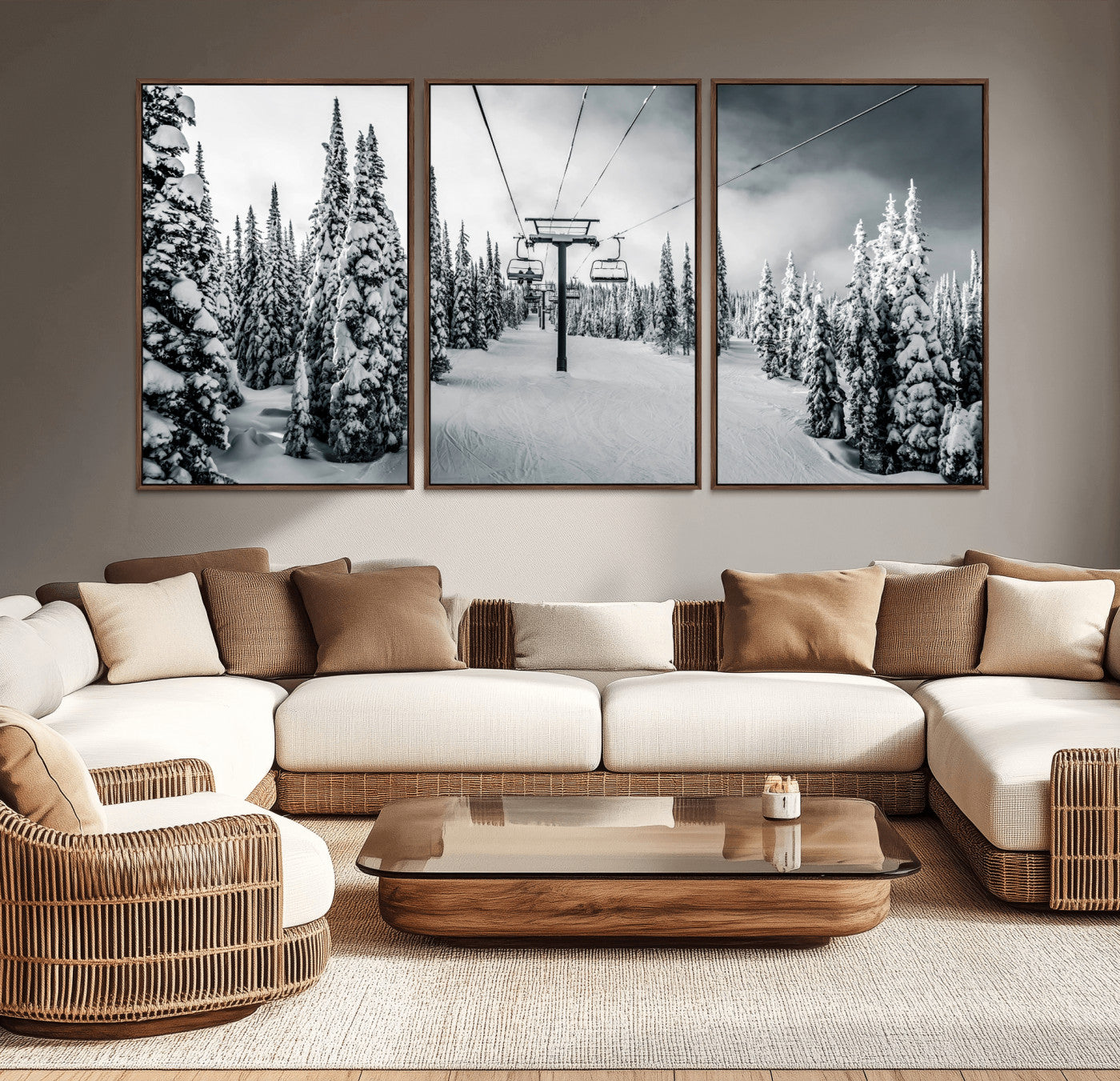 31156828-MGV-CV-36X24-Snowy Pines Wall Art Canvas Print, Framed Ski Lift Art Picture Print, Winter Forest Perfect Moody Lodge Decor Artwork