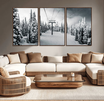 31156828-MGV-CV-36X24-Snowy Pines Wall Art Canvas Print, Framed Ski Lift Art Picture Print, Winter Forest Perfect Moody Lodge Decor Artwork