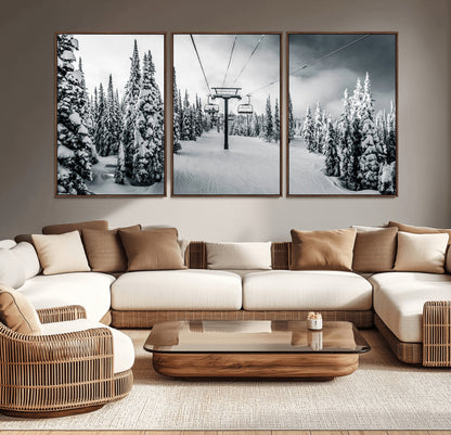 31156828-MGV-CV-36X24-Snowy Pines Wall Art Canvas Print, Framed Ski Lift Art Picture Print, Winter Forest Perfect Moody Lodge Decor Artwork
