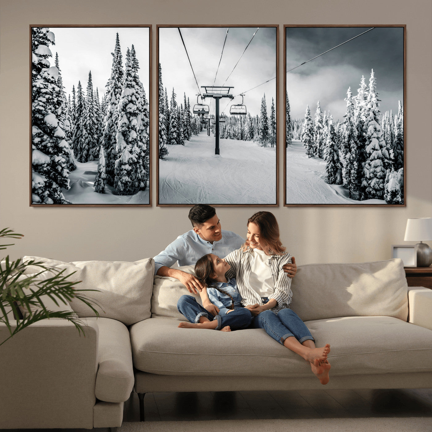 31156828-MGV-CV-36X24-Snowy Pines Wall Art Canvas Print, Framed Ski Lift Art Picture Print, Winter Forest Perfect Moody Lodge Decor Artwork